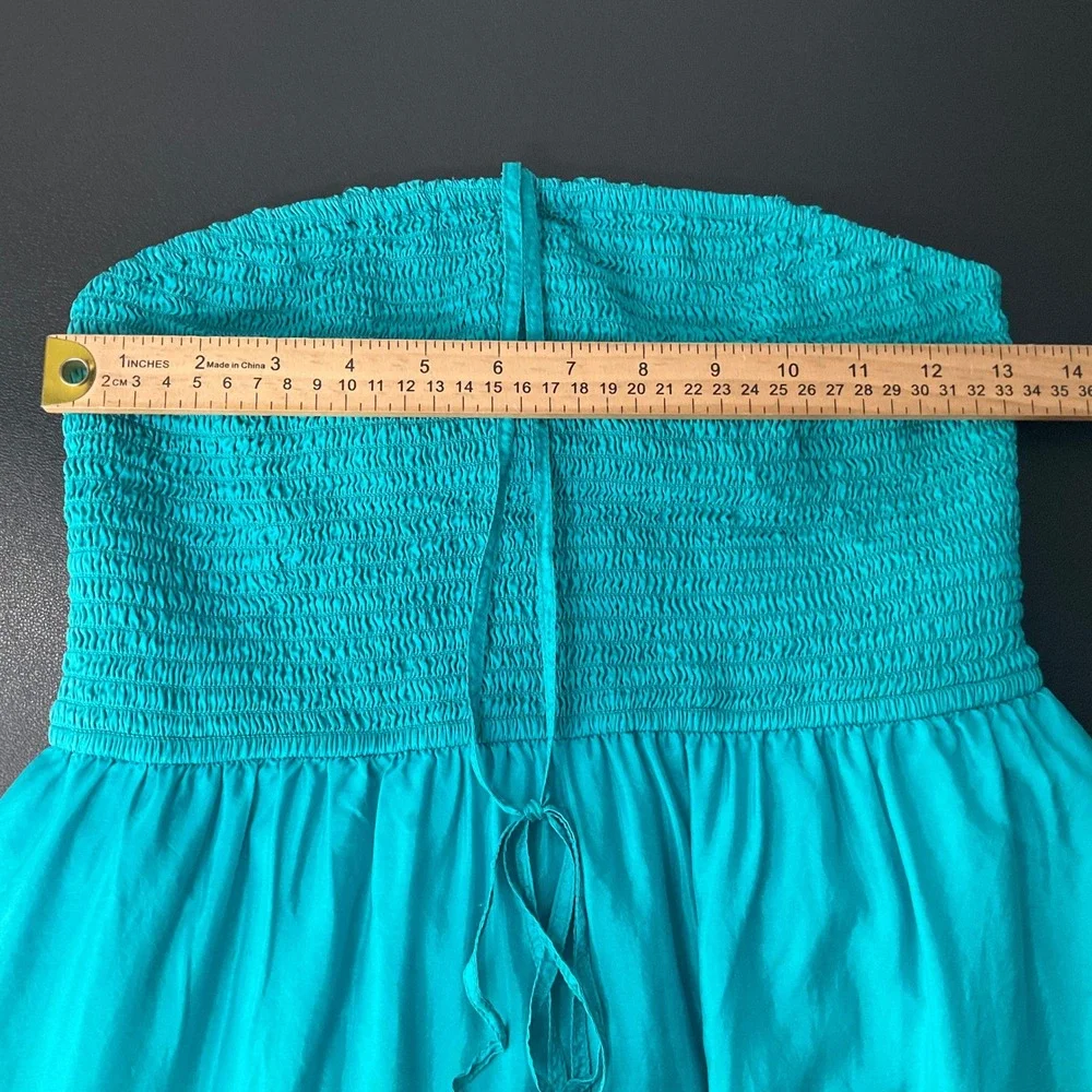 Maeve‎ Silk Maxi Dress Women Sz S Teal Blue 100% Silk Smocked Tiered Boho Halter